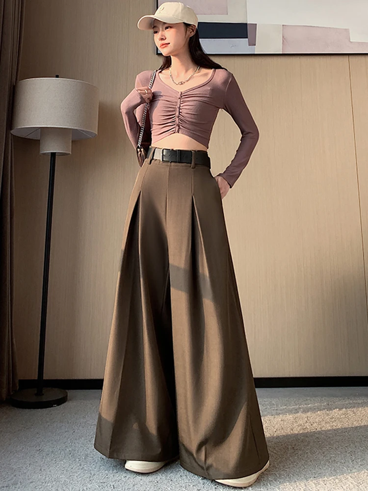 New High Waist Belt Slim Wide Leg Pants Women Spring Summer Solid Trouser Office Ladies Full Length Straight Suit Outwear Pants