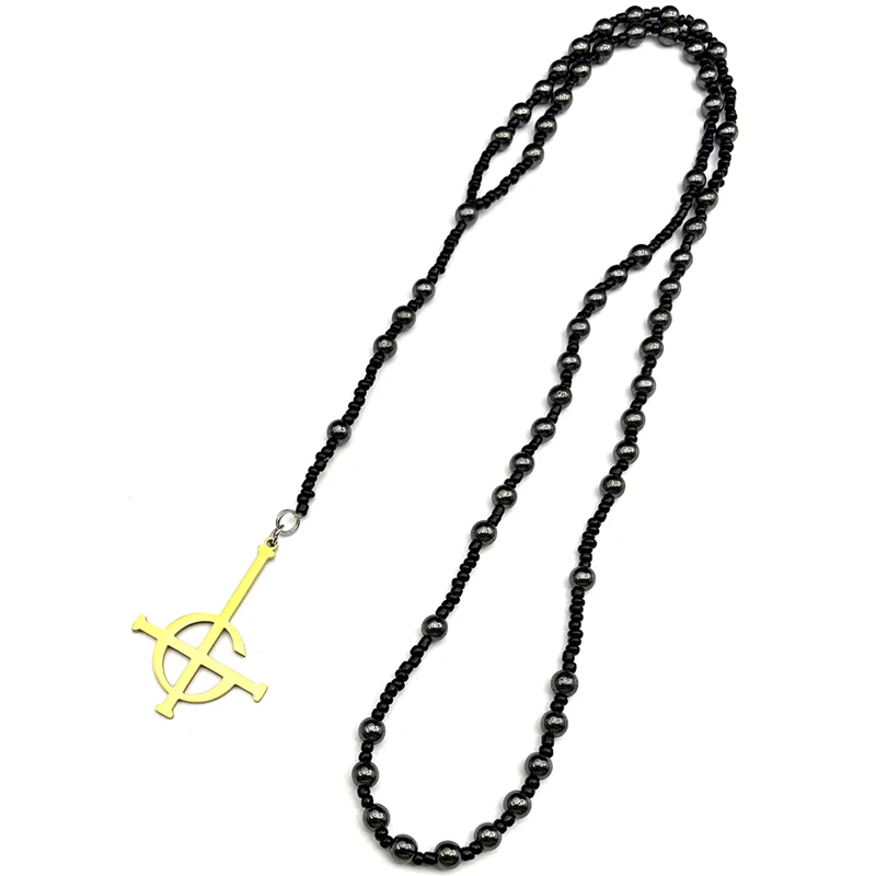 Vintage Ghost BC Nameless Lange Kette Damen Herren Edelstahl Schwarz Ghoul Band Papa Emeritus Symbol Rosenkranz Perlen Kette Schmuck – Detail 5