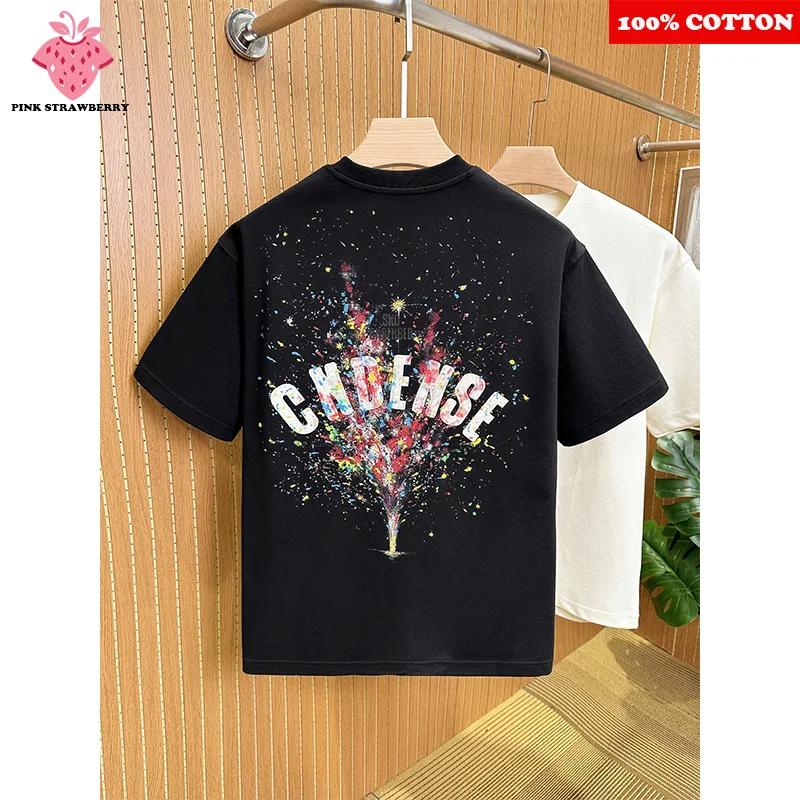 

Ink Splashed Design Letter Print T-shirt Men Summer 25 New 100% Cotton American Street Short sleeves Tee Y2k Top Couple clothing