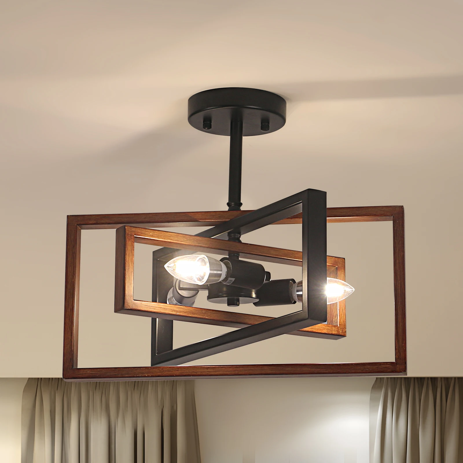 

Semi Flush Mount Ceiling Light,3 Light Bronze Color Industrial Light Fixtures Ceiling Mount,Farmhouse Square Metal