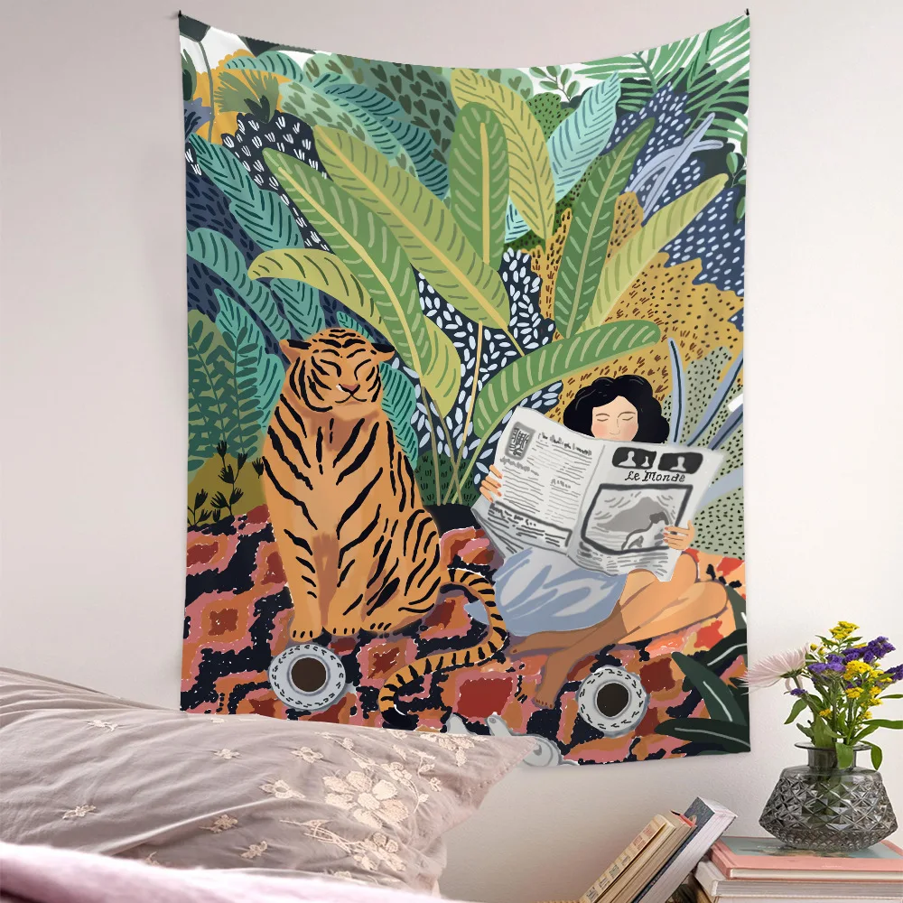 

Tropical Forest Wall Tapestry Tigers and Humans Wall Hanging Bed Sofa Home Decor Tapestry for Dorm Bedroom Living Room 150x200cm