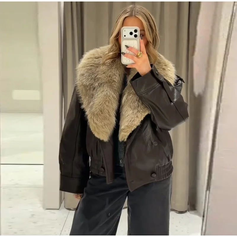 Elegant PU Fur Patchwork Jacket Women Loose Detachable Collar Lapel Double Breasted Jackets Female Fashion Winter Warm Outwear