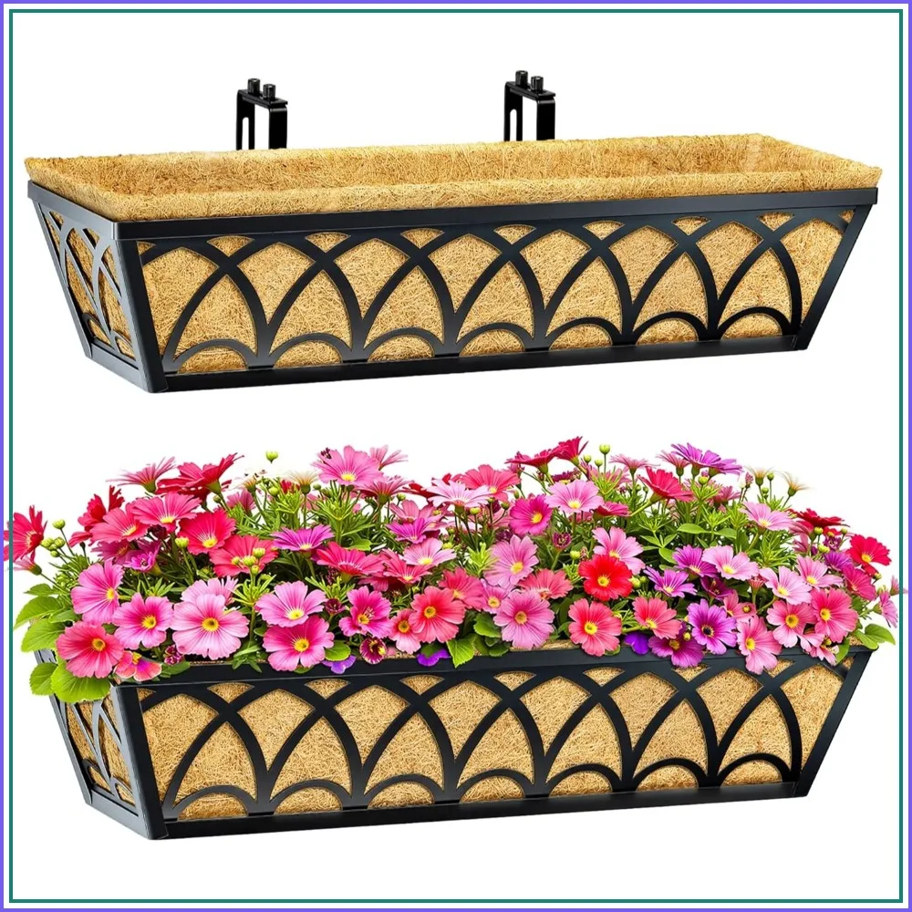 

24 Inch Railing Planter Box with Adjustable Brackets & Coco Liners - 2 Pack for Balcony, Window, Outdoor Garden Decor