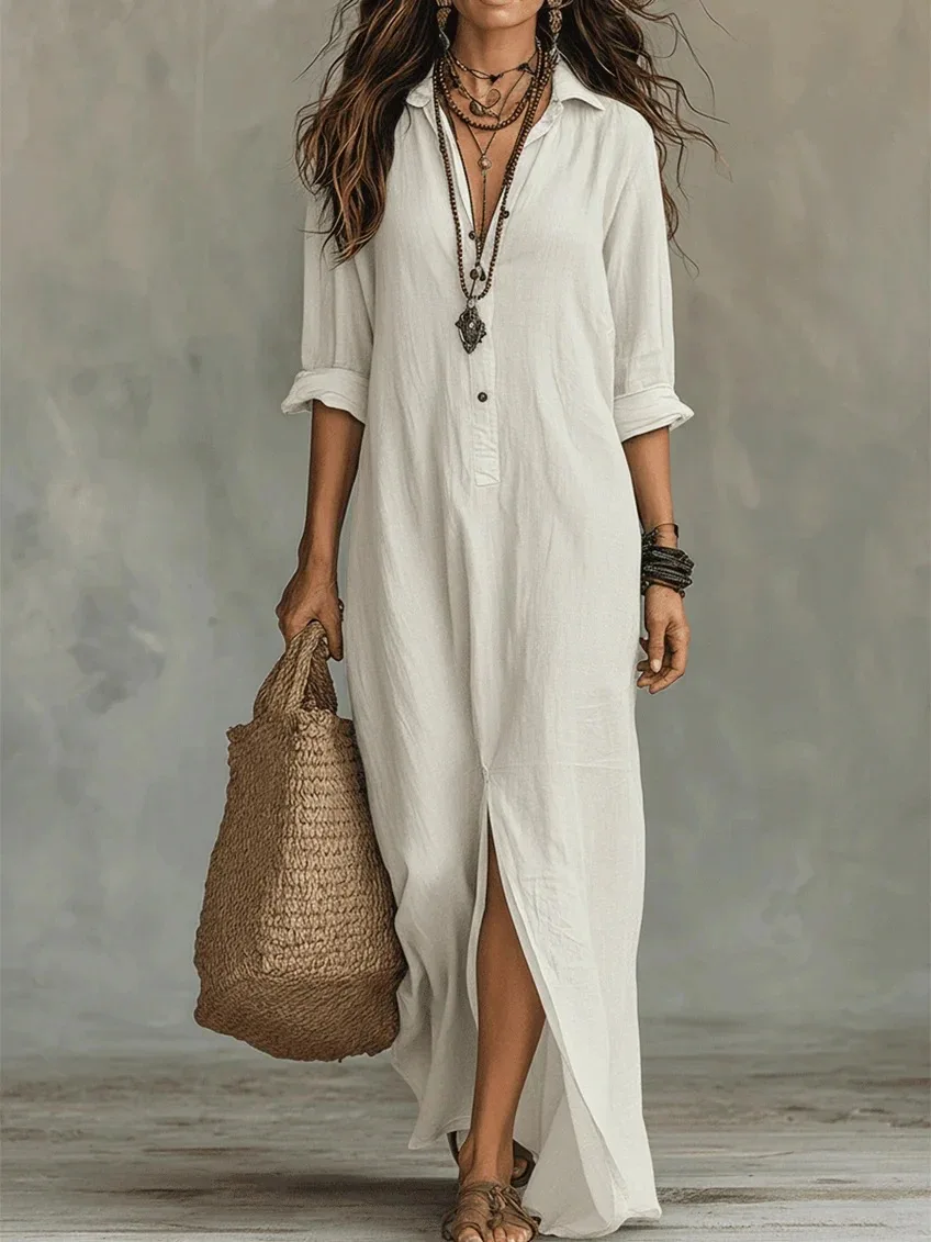 Damen Freizeitkleid mit Revers, einreihig, aus Baumwoll-Leinen, Frühling Herbst, locker geschnitten, lange Ärmel, Strand- und Urlaubskleid 2026