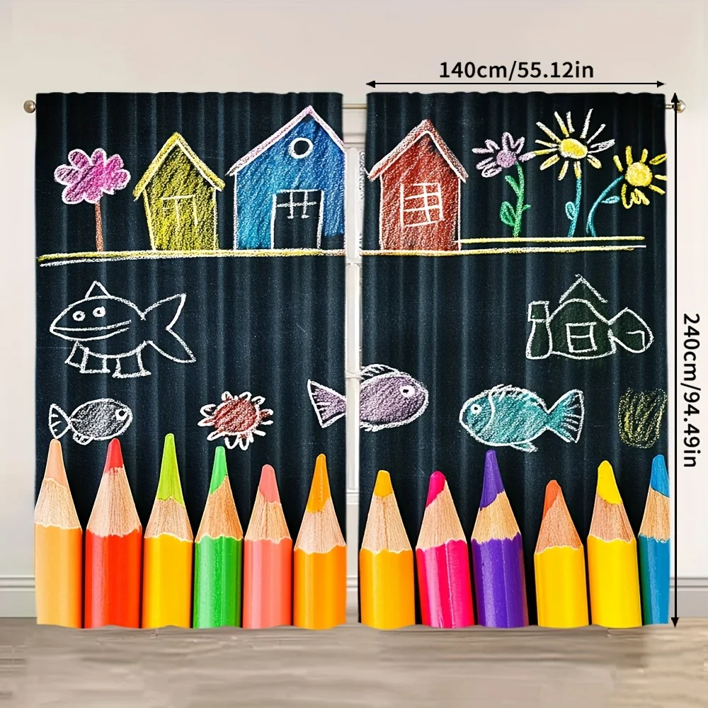chalkboard style curtain with colorful pencils houses and fish for kids room privacy and decor playful art style Quick Setup