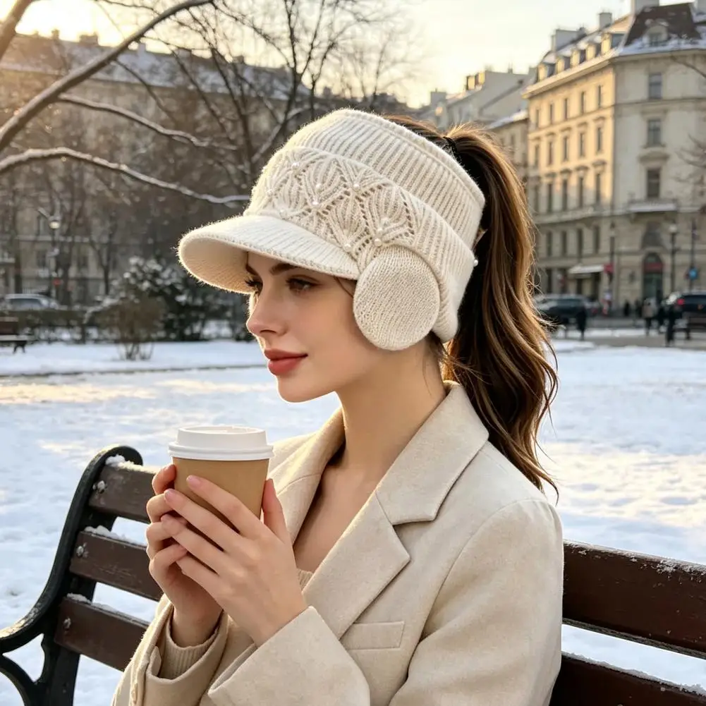 Lightweight Fitness Hat Winter Ponytail Hat with Ear Flaps Women’s Knitted Peaked Cap Open Top Warm for Outdoor for Women
