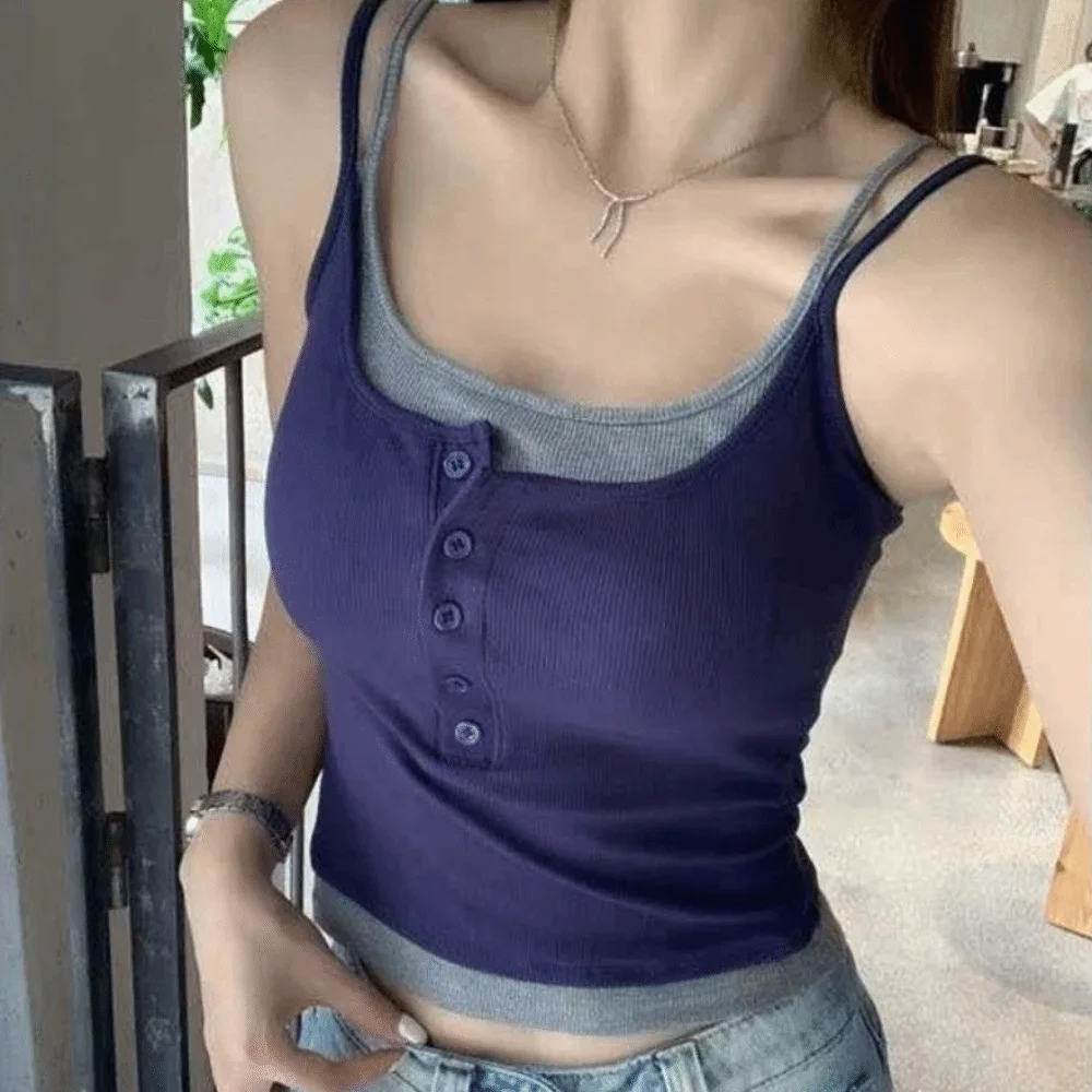 Color Blocking Crop Top Square Neck Sleeveless Women's Camisole Slim Fit Button Underwear Fake Two-pieces Camisole Women