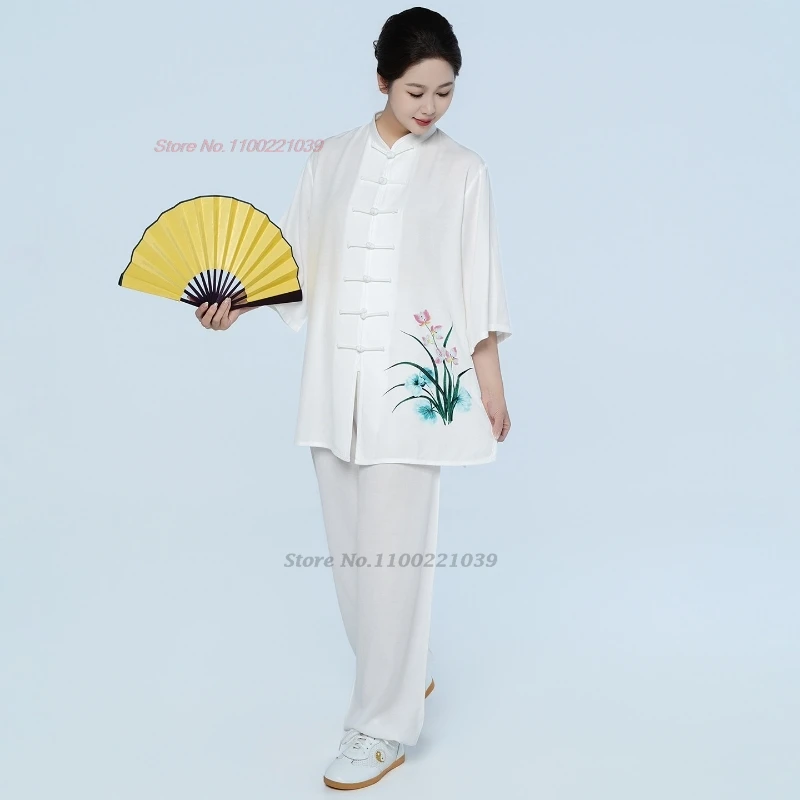 Strój do chińskiego tai chi wushu 2026, uniform do kungfu, strój do treningu, retro kwiatowy nadruk, bawełna i len, sztuki walki wushu, na zewnątrz, do chodzenia. — zdjęcie 7