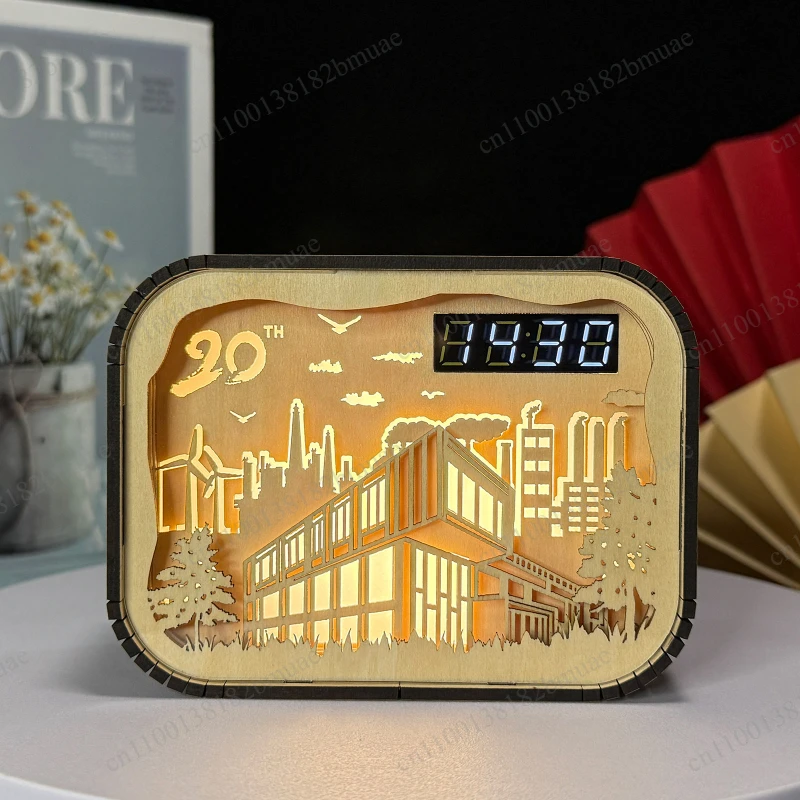 Multi-layer Three-dimensional Wood Carving Lamp Clock Pen Holder, Custom Gift Creative Multi-functional Night Light Ornament