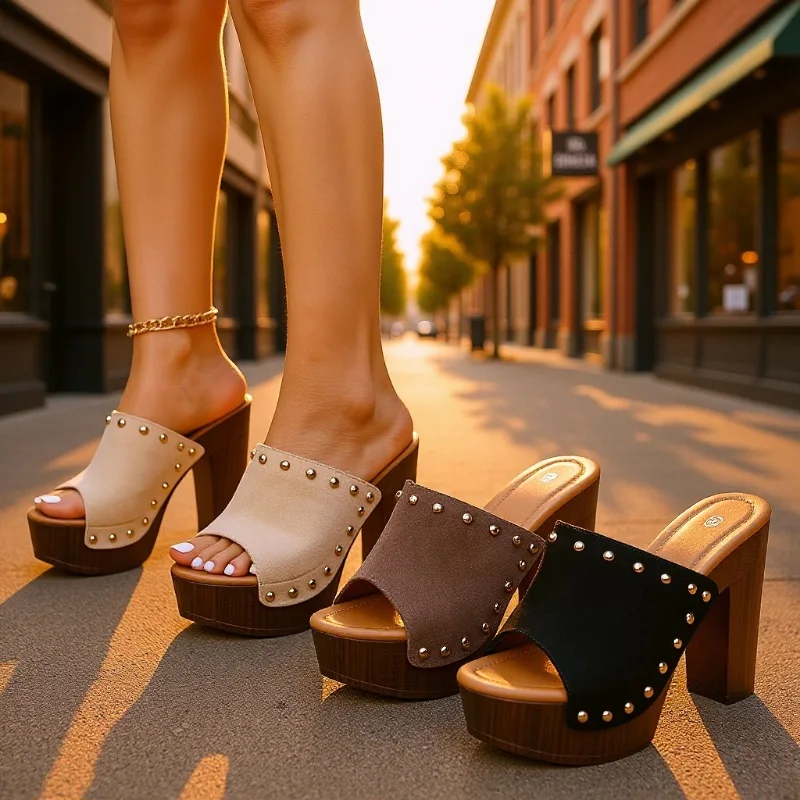 Women's Square Heel Slip on Peep Toes Sandals One line Rivet Slippers Platform Summer High Heel Shoes Ladies Thick Sole Sandals