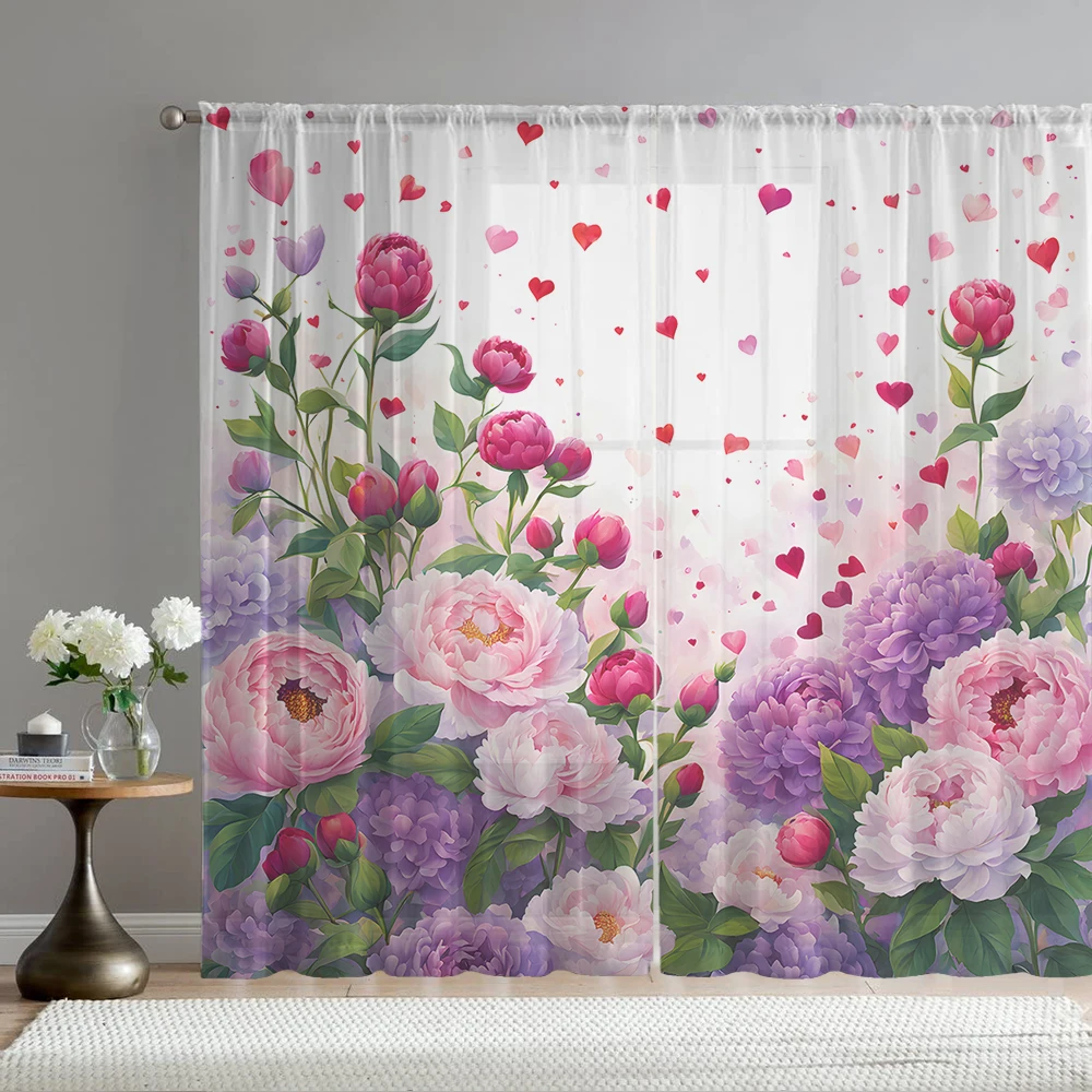 2PCS Home decoration red and purple floral printed window screens with pole bags, suitable for kitchens, cafes, and living rooms
