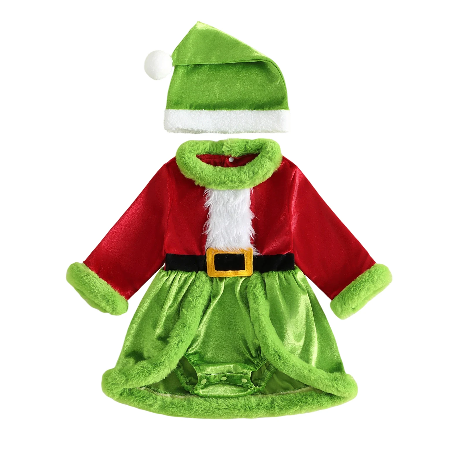 Baby Girl Christmas Costumes Green Monster Romper Dress and Santa Hat