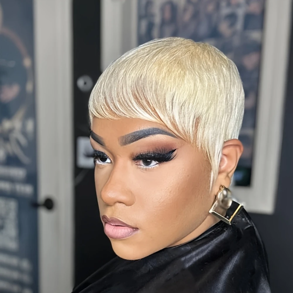 613 ブロンドカラーストレート人毛ウィッグ女性のためのピクシーカットウィッグフルマシンメイドウィッグ 150% 密度 6 インチ