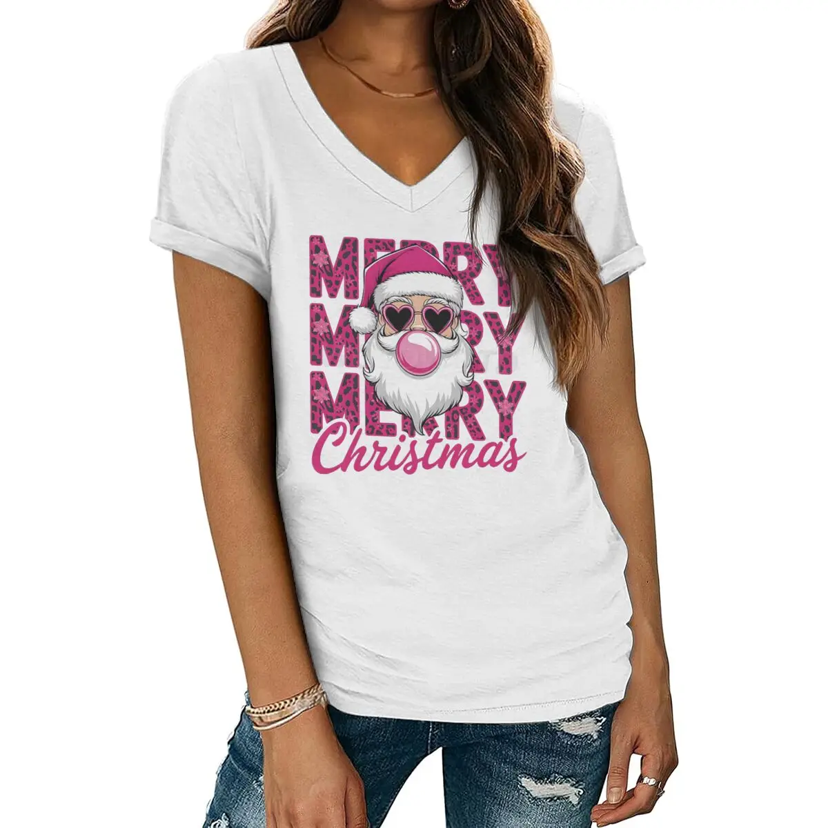 

Женская одежда Санта-Рождественская розовая футболка с принтом пузырей, топ с короткими рукавами и v-образным вырезом, женские рождественские праздники, модные повседневные футболки