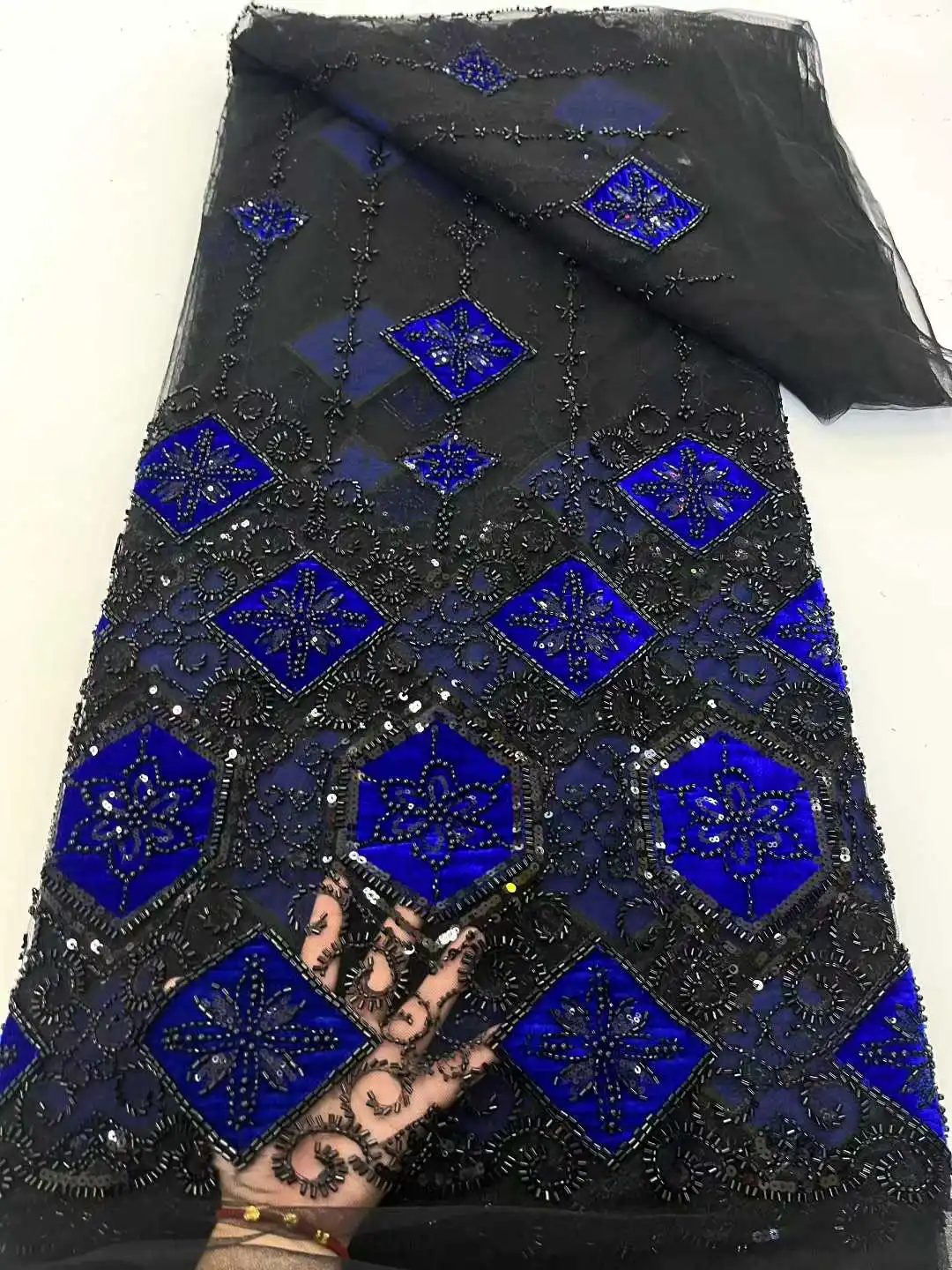 Velvet Luxurious African Beaded Net Mesh Lace Fabric with 2025 Sequins French Tulle for Nigerian Wedding Party Dresses