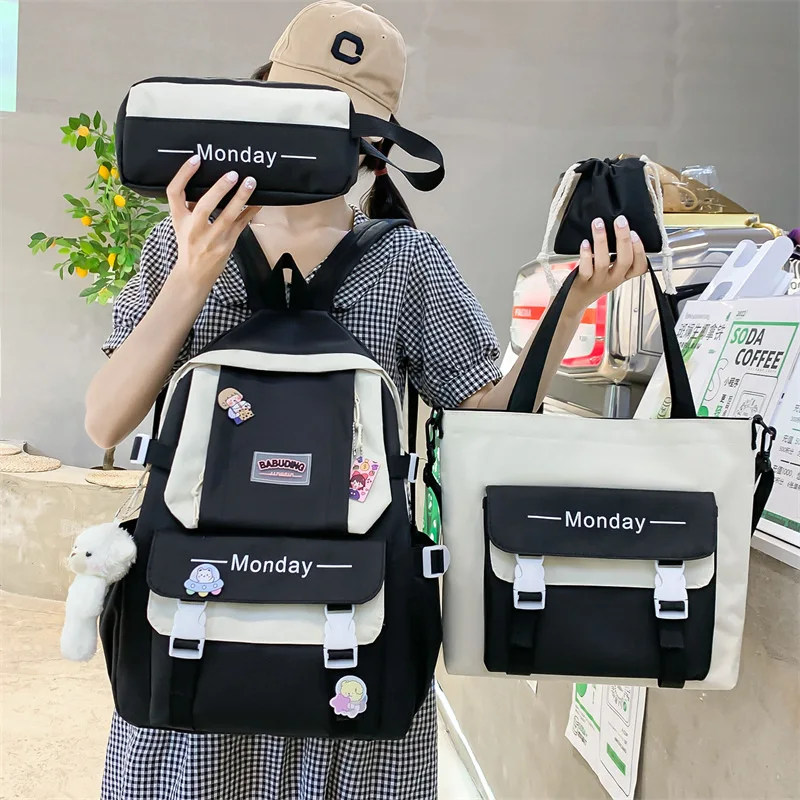 Women's 4 Pcs Set Backpack Harajuku Laptop Canvas School Bags For Teenage Girls Kawaii Backpack College Student Book Bag