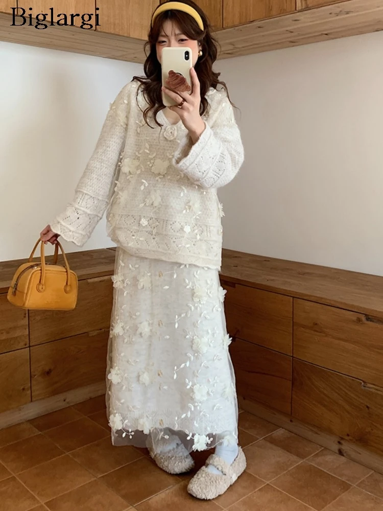 

Вязаный корейский кружевной цветочный лоскутный осенний комплект из двух предметов, женские милые модные женские блузки с v-образным вырезом, свободные женские юбки трапециевидной формы