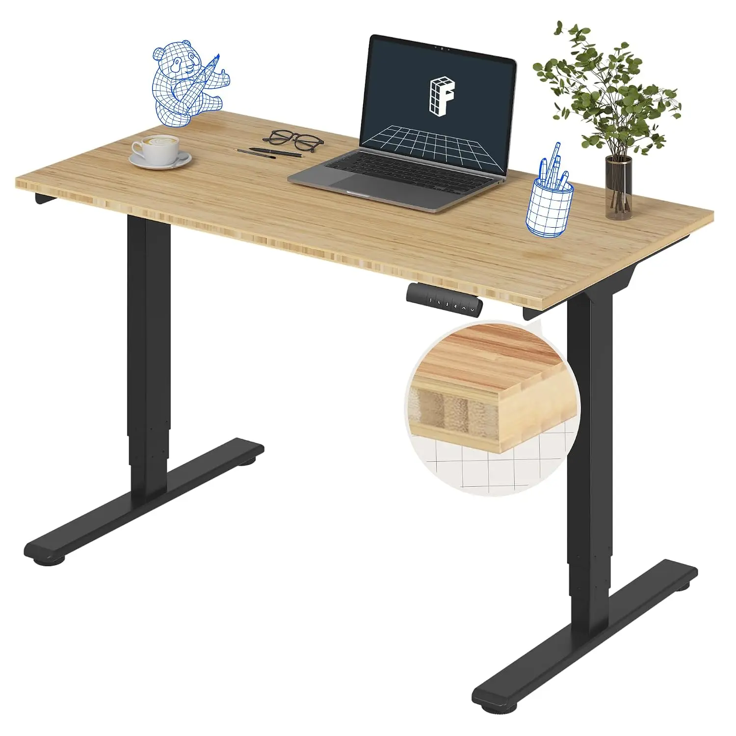 Bamboo Electric Standing Desk 48x24 Adjustable Height w/ Memory, Dual Motor 220 lbs, Black Frame, Customized