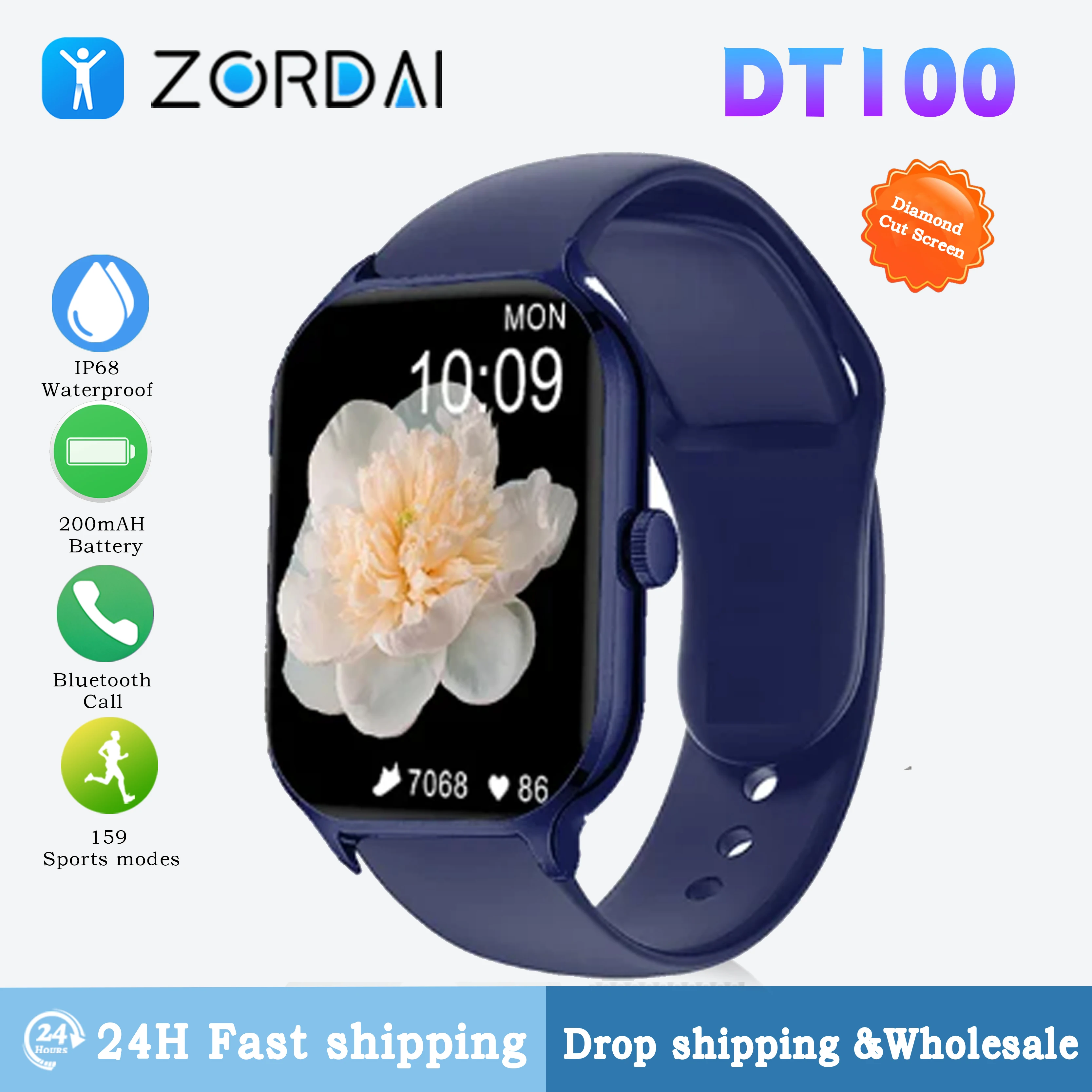 DT100 Smart Watch Bluetooth Call Custom Dial Sleep Heart Rate Monitoring IP68 Waterproof Smart Sports Watch Men's Fitness Watch