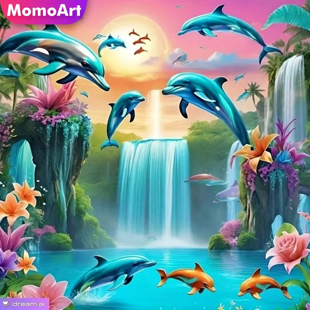 Momoart Elmas Nakış Yunus Hayvan Boyama DIY Tam Matkap Kare Yuvarlak Elmas Mozaik Şelale Zanaat Seti Çocuk Hobi