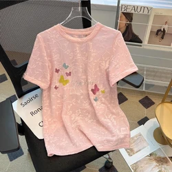 2024 New Summer Korean Edition Minimalist Fashion Short Sleeve Plus Size Loose Round Neck Printed Diamonds Women's T-shirt Top