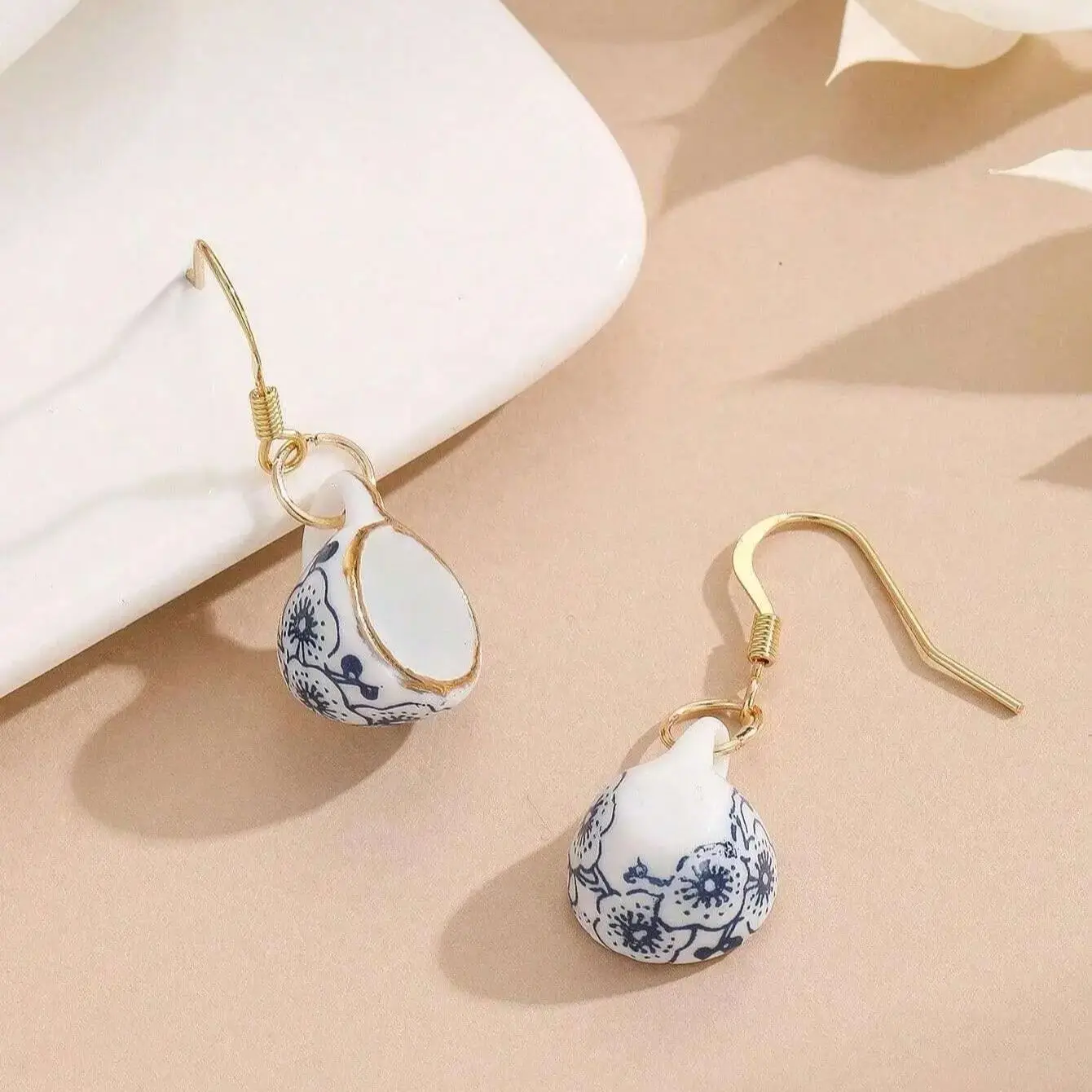 Chinese Style Cup Shaped Ceramic Earrings Ink Blue Pattern Hook Earrings Vintage Elegant Unique Trendy Jewelry For Women