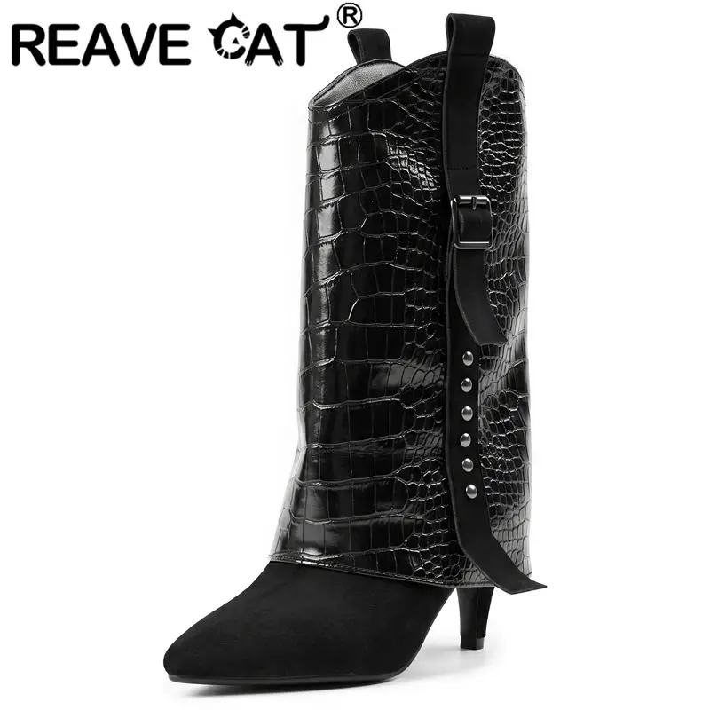 REAVE CAT Black Women Mid Calf Boots Pointed Toe 8cm Thin Heel Splicing Slip On Belt Buckles Big Size 45 46 Fashion Western Bota