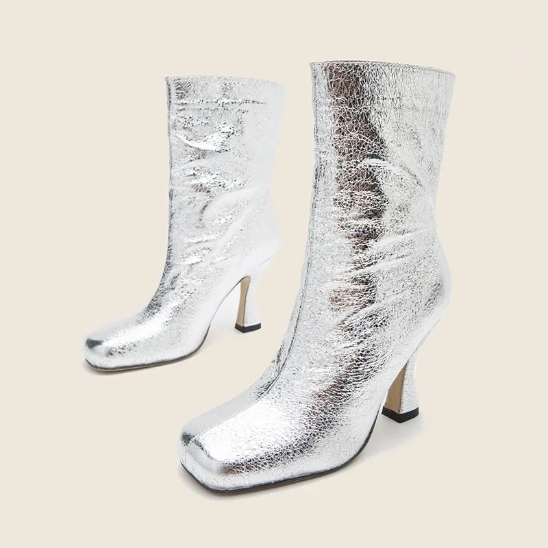 

Dropshipping Brand Design Sequins Bare Boots Square Head Medium Tube Zipper High Heel Chelsea Boots Sexy Women's Boots 36&43