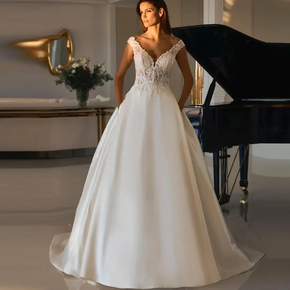 Vestidos De Novia elegantes con apliques De encaje, ropa Sexy con cuello en V y espalda descubierta para fiesta Formal, Vintage