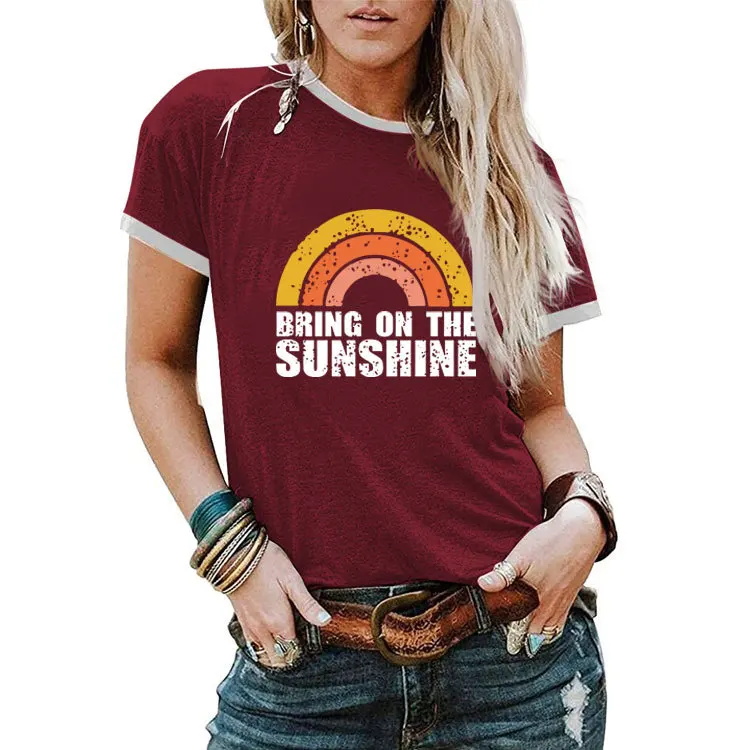 Summer Fashion Round Neck Contrast T-shirt BRING ON THE SUNSHINE Printed Casual Short sleeved Top
