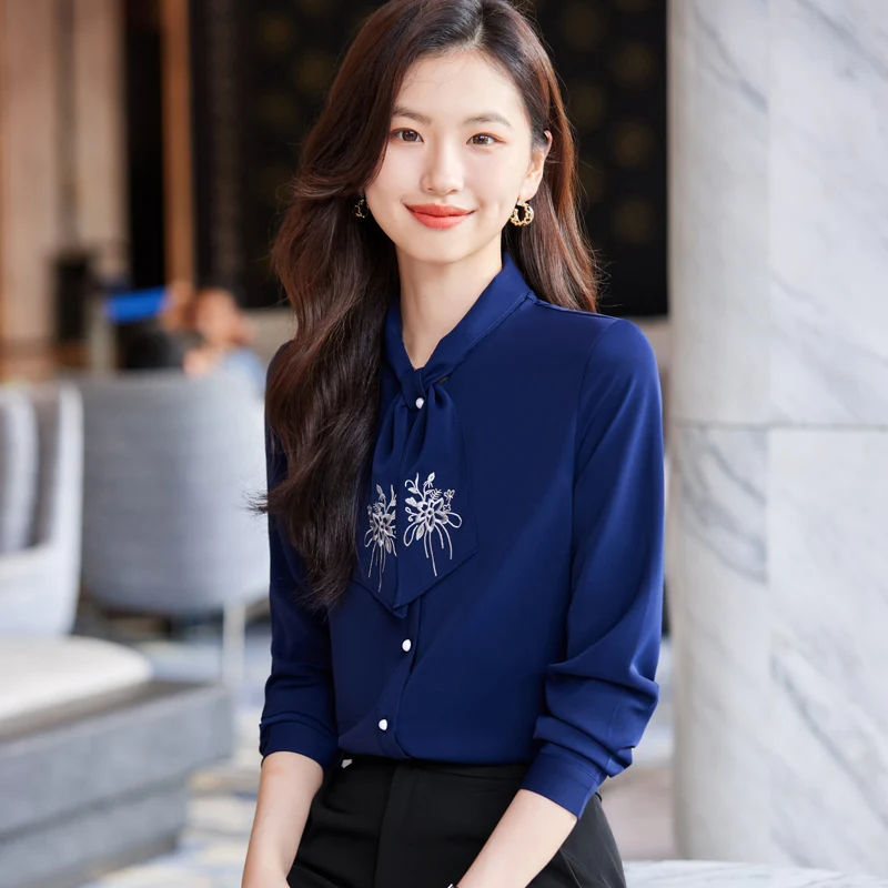 NAVIU Navy Blue Bow Tie Shirt Women New 2023 New Autumn Elegant Temperament Slim Formal Blouses Office Lady Work Tops White