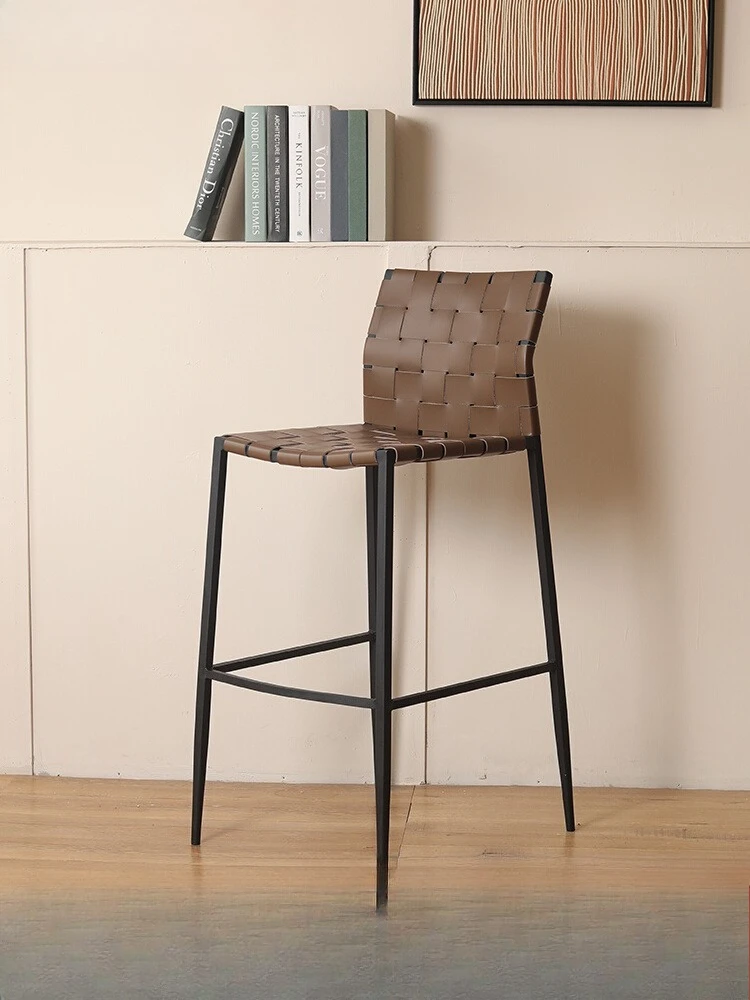 Luxury Italian Saddle Leather Bar Stool High Back Counter Chair for Home Dining Industrial Design