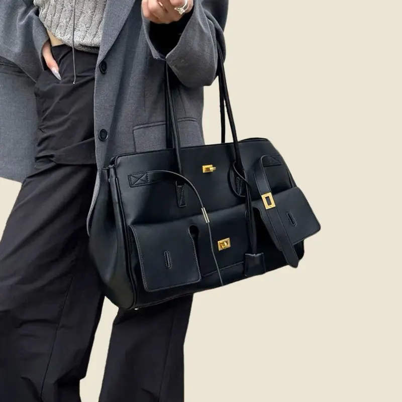 

25 New Trendy Lock Kelly Bag Casual Large Capacity Neutral Wind Tote Wings Leather Shoulder Locomotive Bag Women