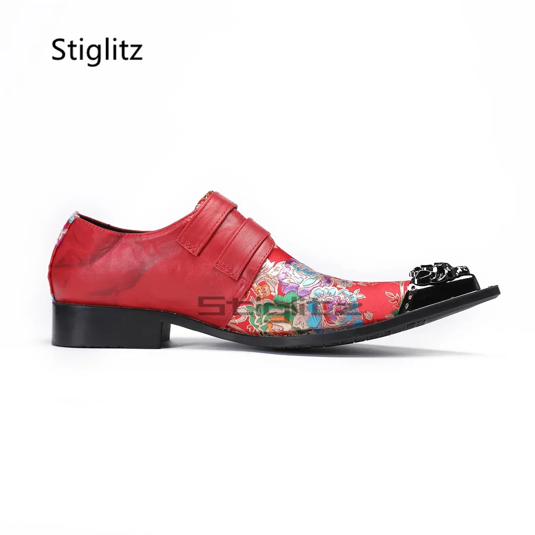 

Red Prints Wedding Shoes for Men Metal Pointed Toe Dress Genuine Leather Shoes Luxury Double Buckle Business Formal Oxfords New