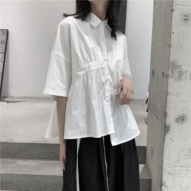 

Asymmetric Design Loose Fit Short Sleeve Women's Shirt Half Sleeve Slimming Shoulder Drop Cotton Casual Summer Top