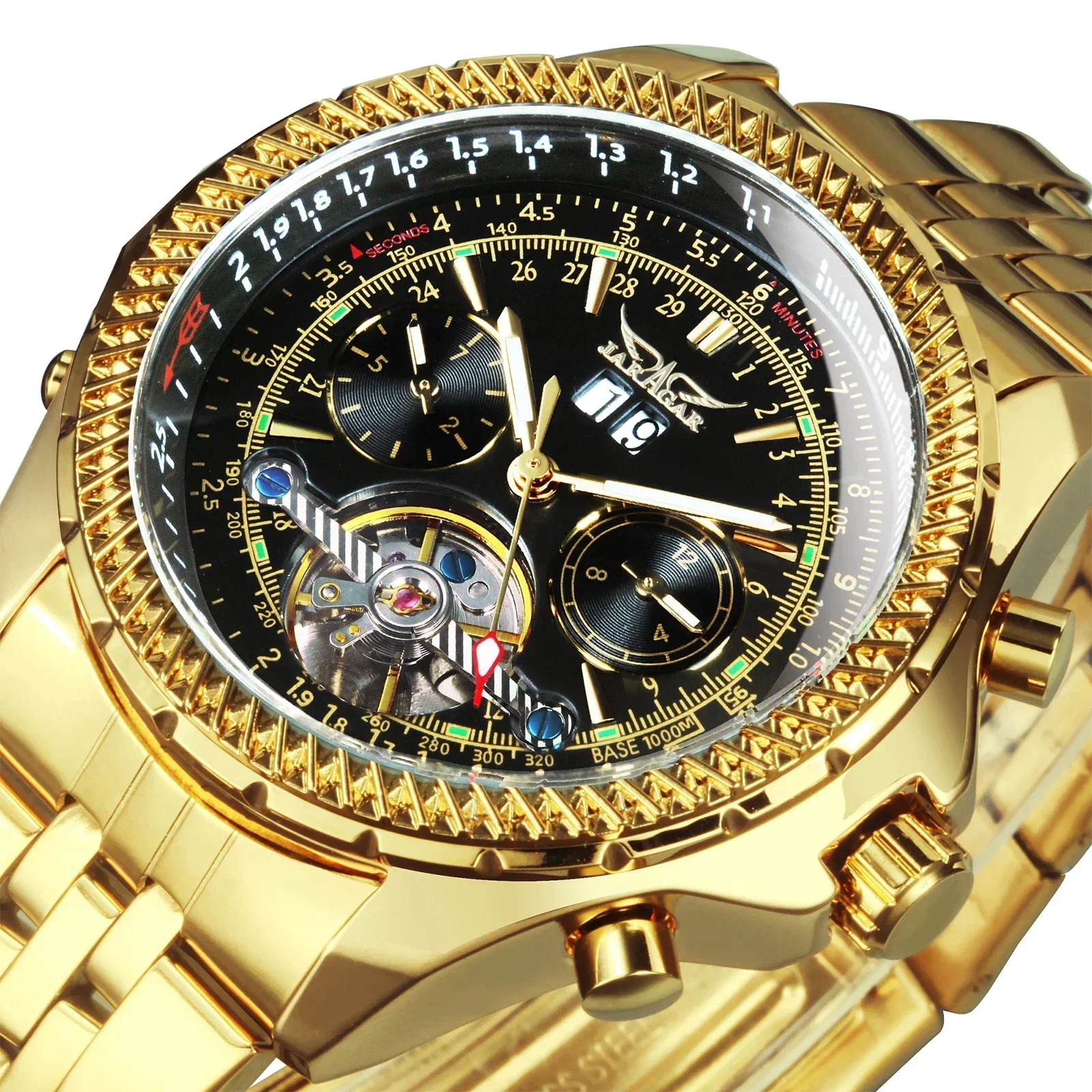 

Clean 3135 Movement Men Watch Automatic Mechanical Stainless Steel Jaragar Military Gold Tourbillon Skeleton Automatic Mechanica