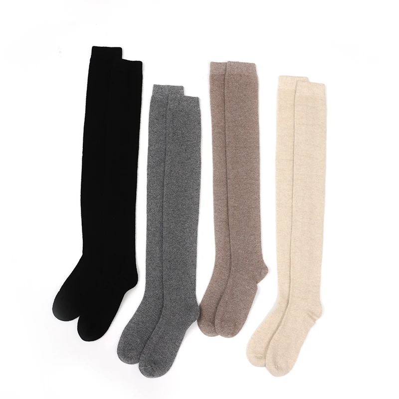 Hot Selling 24 Autumn/Winter 100% Cashmere Knitted Women's Long Socks Warm, Fashionable Solid Color Women's Cashmere Knee Socks