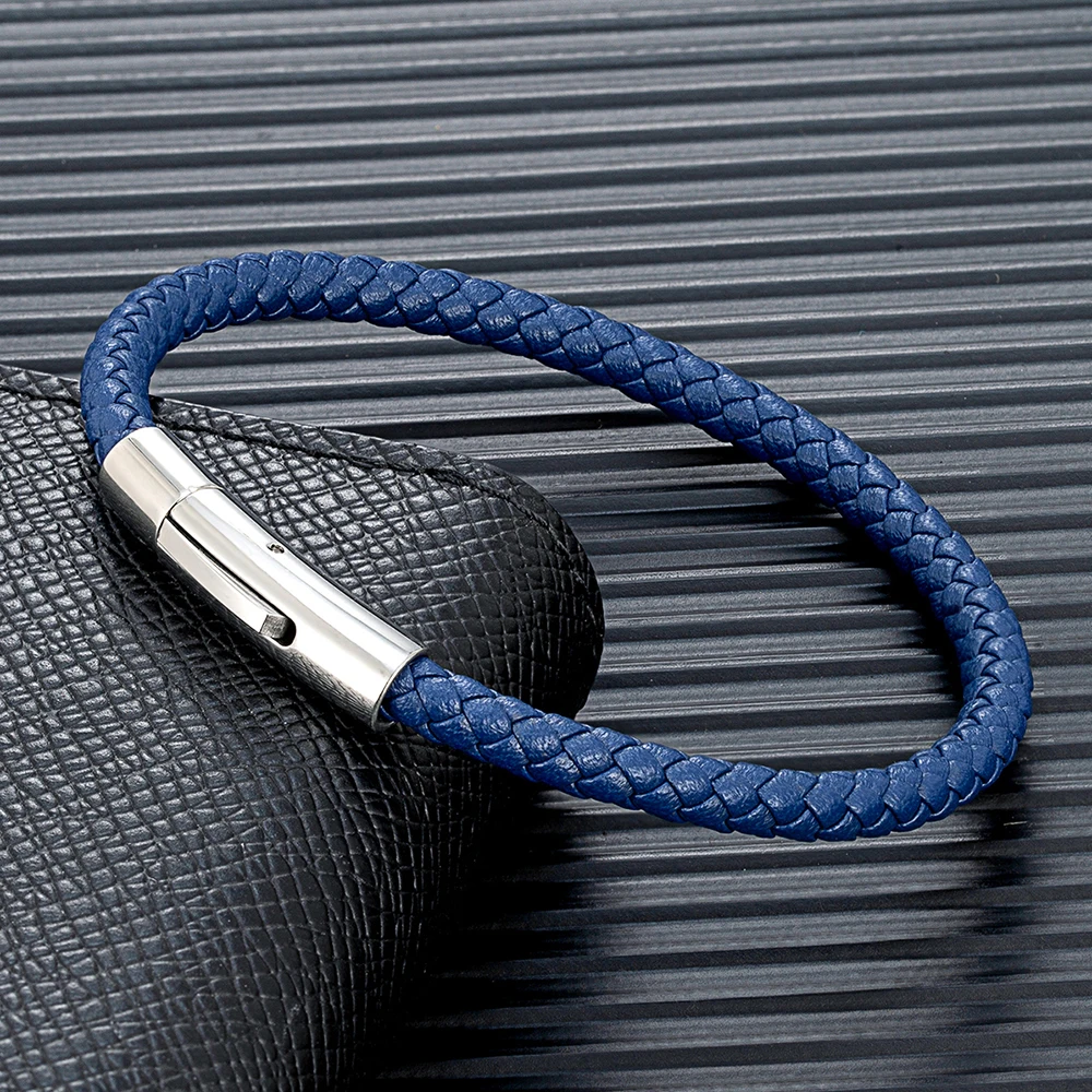 MKENDN Classic Simple Blue Braided Leather Bracelet Bangle Stainless Steel Magnetic Buckle Jewelry For Men Women Couple