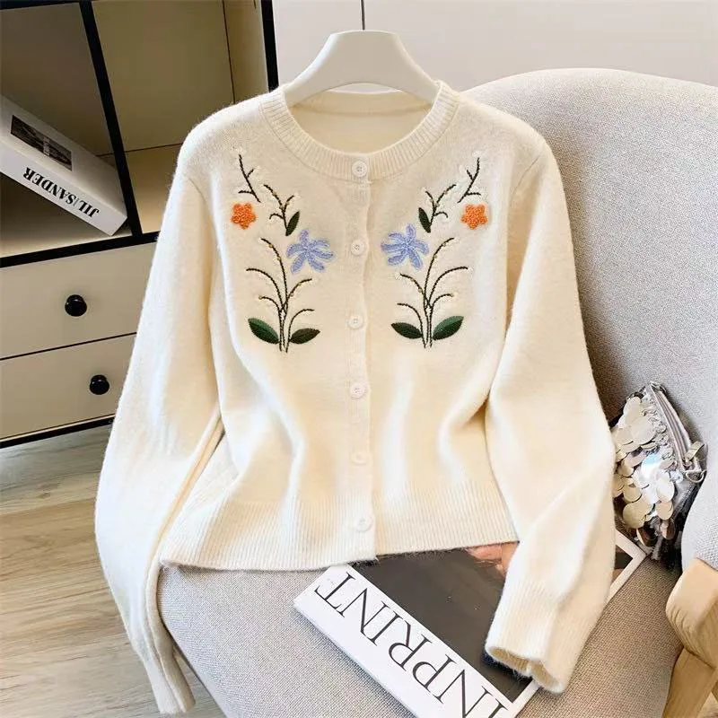 

Осенне-зимний новый модный вязаный кардиган с цветочной вышивкой, свитер, женское красивое пальто