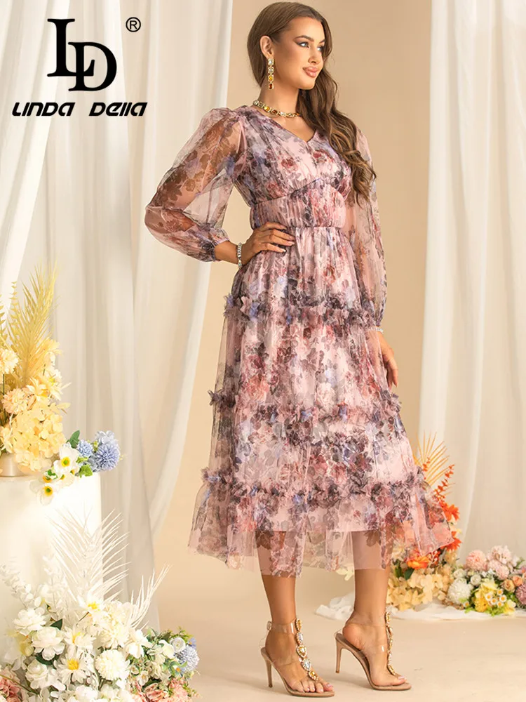 LD LINDA DELLA Autumn New style Women\'s Ball Gown Dress Lantern Sleeve Edible Tree Fungus Edge Mesh Vintage Print Party Dresses