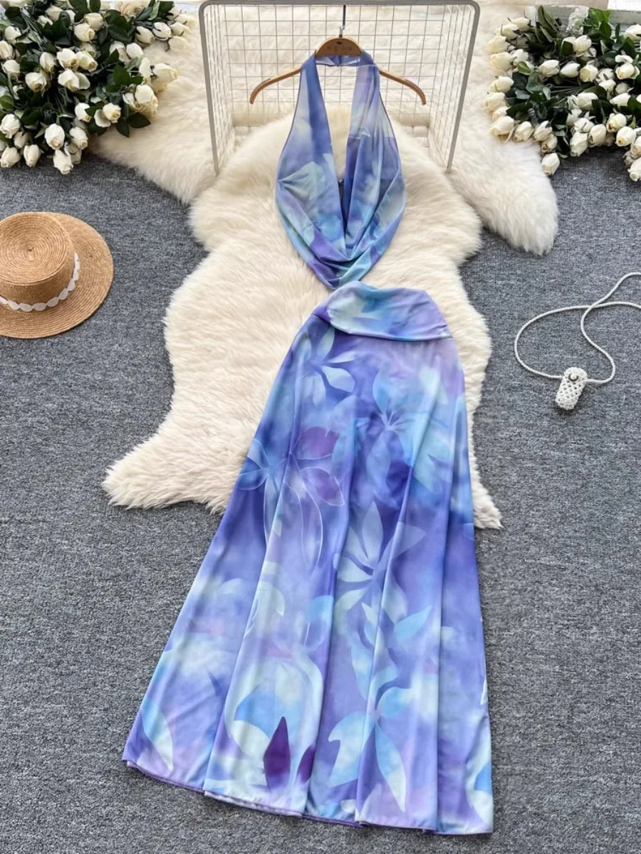 

Foamlina atmosphere holiday women's summer wear pure desire neck swing collar halter print top high waist skirt two-piece set