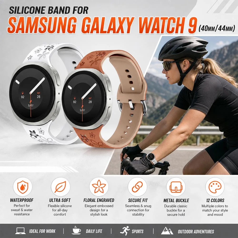 For Samsung Galaxy Watch 9 40mm 44mm Band Engraved Silicone Band Sport Replacement Strap for Samsung Galaxy Watch 9 8 40mm 44mm