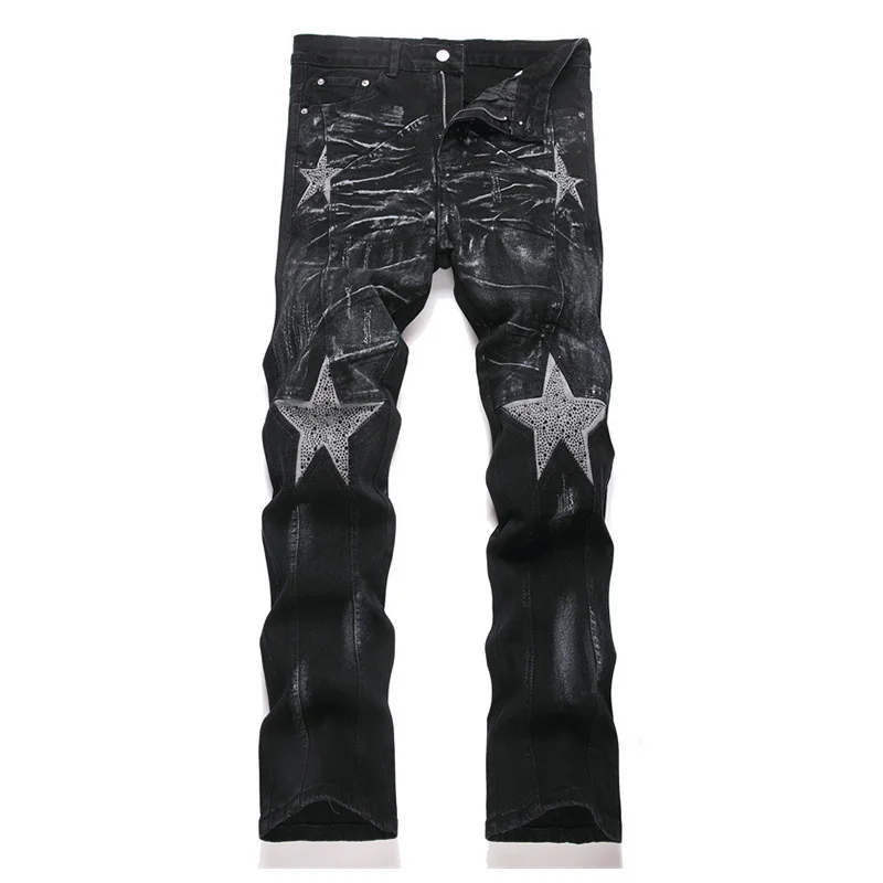 Rhinestone Star Printed Hip Hop Jeans Pants Slim Fit Streetwear Casual Denim Trousers For Male Black