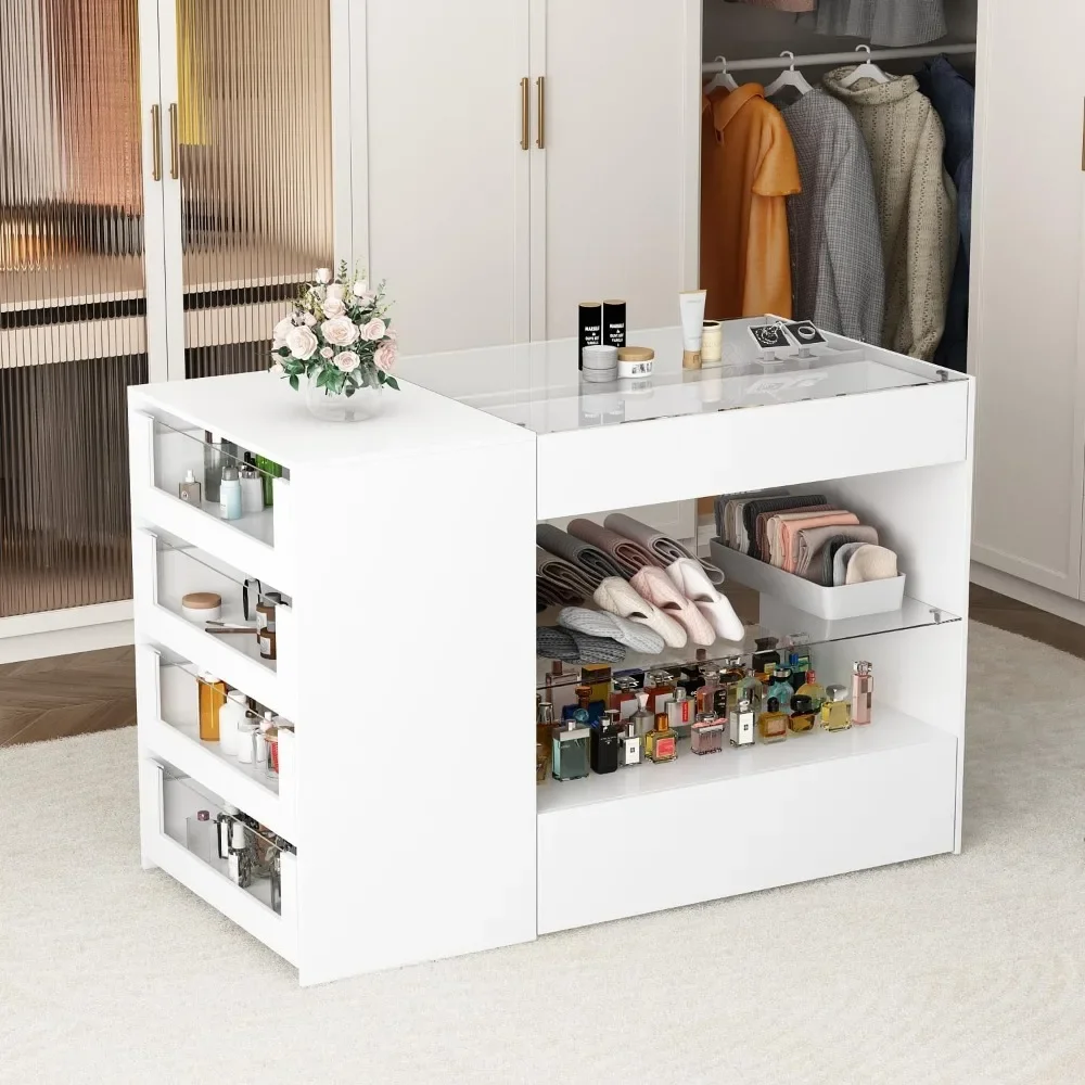 

Wooden Closet Storage Cabinet with Open Shelves for Bedroom, Glass Display Shelf & 6 Drawers