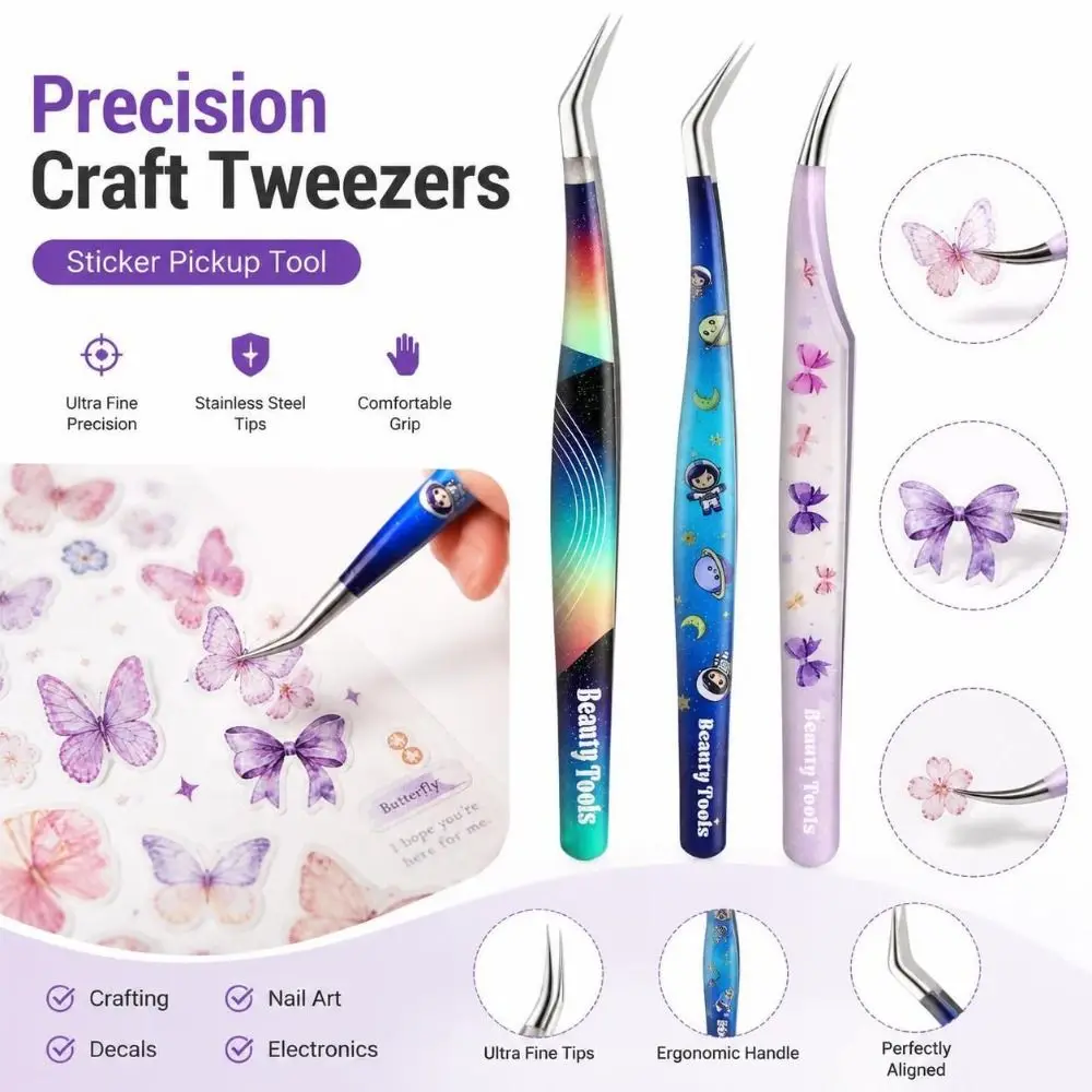Stainless Steel Precision Craft Tweezers Anti-static High Precision False Eyelash Tweezers Non Slip Grip Cartoon