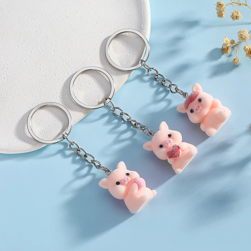 Cute 3D Flocking Pig Keychain Resin Animal Couple Mobile Phone Pendant Car Keyring Earphone Backpack Charms Bag Decor