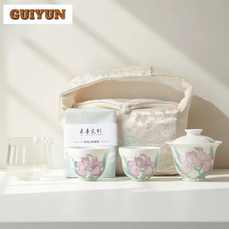 

Hand Painted Iris Flower Travel Tea Set Kit Zen 1 Bowl 2 Cups Household Tea Maker Organizer Portable Picnic Handbag Supplies