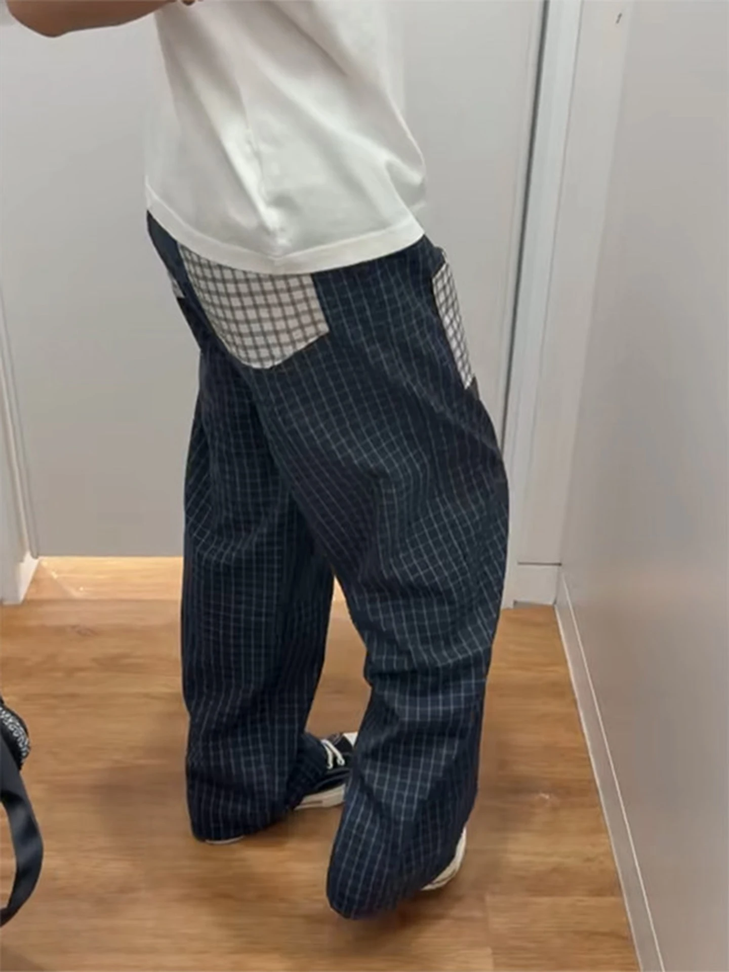 Blue Plaid Patchwork Wide Leg Casual Trousers Men's Summer American Lazy Style Straight Tube Long Pants Breathable Slimming