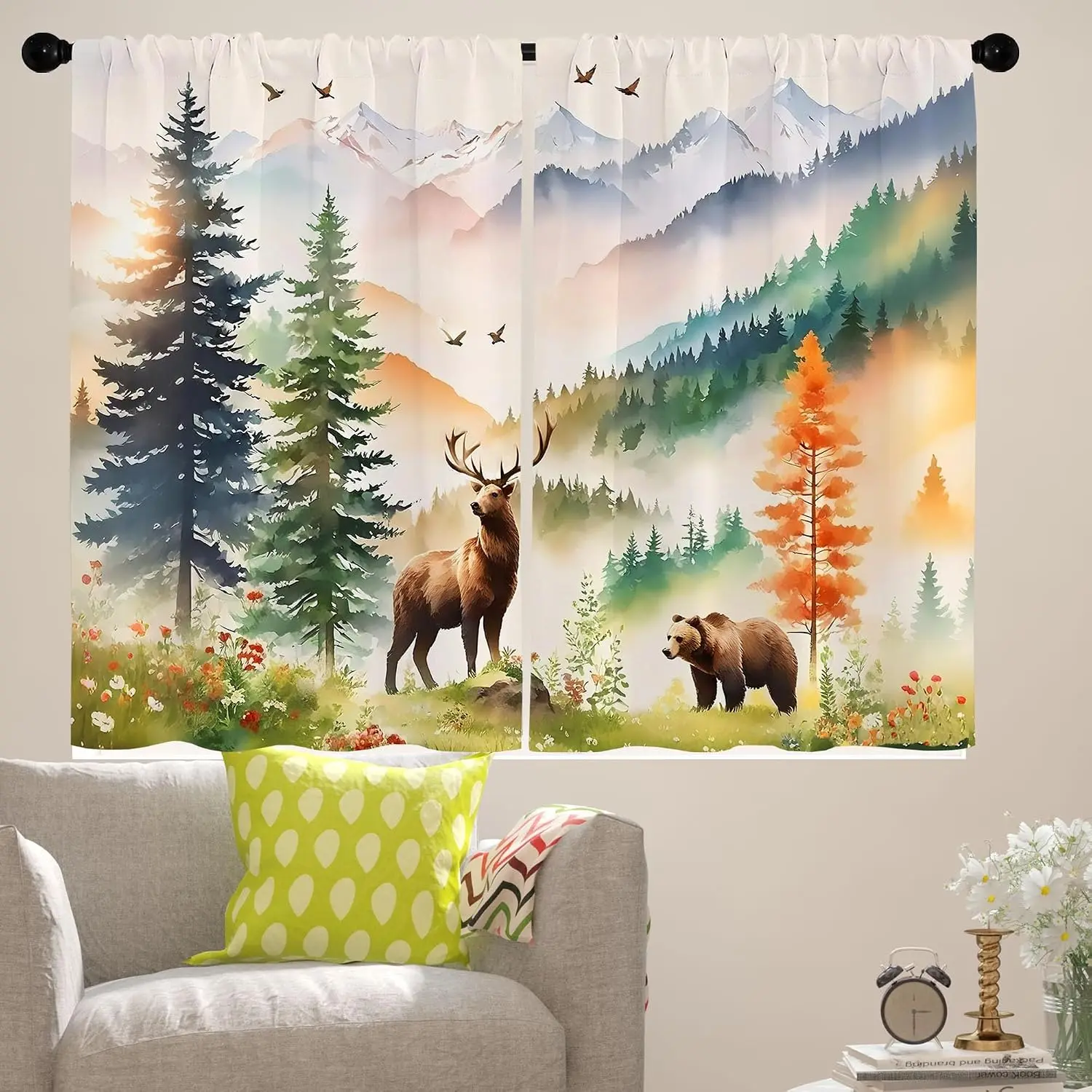 Wild Animal Curtain Elk Bear Pine Mountain Floral Watercolor Print Country Light Blocking Drape For Villa Dorm Resort Farm Decor
