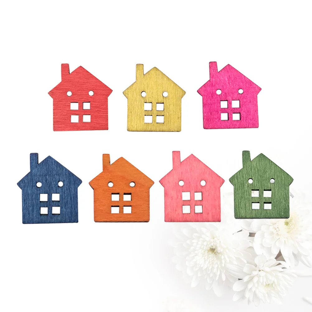 

50pcs Wooden House Buttons Mixed Color Printed Diy Sewing Craft Buttons For Knitting Scrapbook Assorted Wood Button Decor